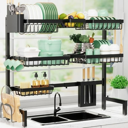 Dish Drying Rack - Over The Sink Dish Drainer Drying Rack with Utensil & Knife Holder, Hooks, Stainless Steel Kitchen Organizers and Storage Solution, 11.8" D x 31.5"~39.0''W x 30" H, White