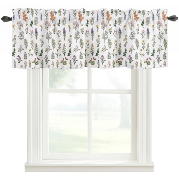 Rustic Wildflower Rod Pocket Curtain Valance, Summer Floral Botanical Farmhouse Window Valance for Living Room, Bedroom, Kitchen 42"W x 18"L