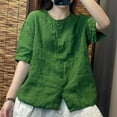 thumbnail image 3 of MIXUE Womens Summer Tops Linen Solid Color Round Neck Short Sleeve Vintage Loose Fit Cardigan T-shirts Sportwear,Green,XL, 3 of 3