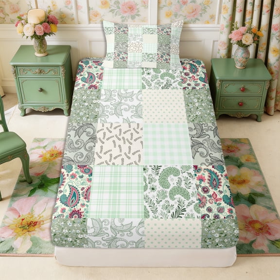 Manfei Hippie Paisley Twin Fitted Sheet 2 Pieces,Minimalist Stripes Checkered Bedding,1 Fitted Sheet and 1 Pillowcase