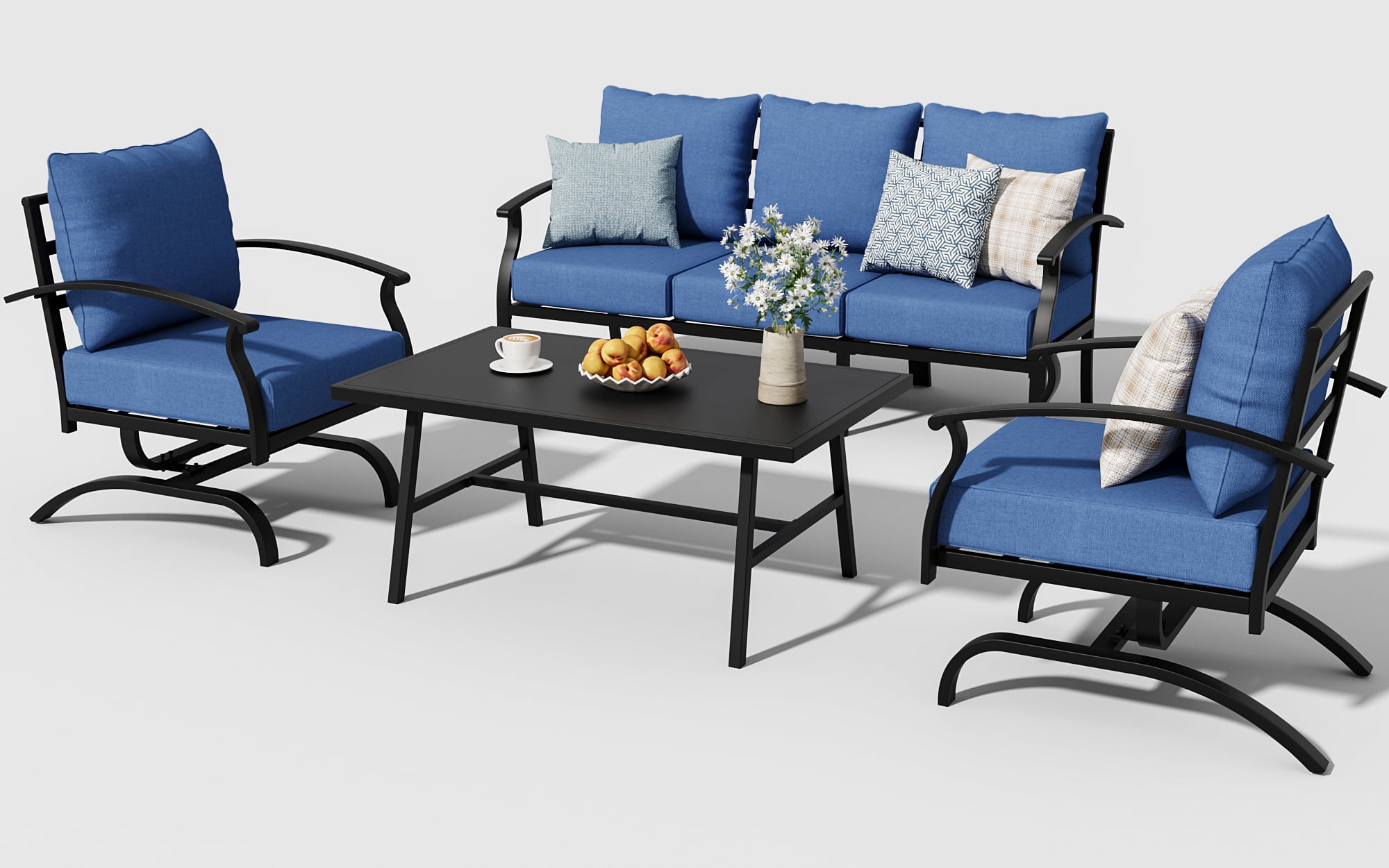 ALAULM 4 Piece Patio Furniture Set,Outdoor Metal Patio Furniture with Coffee Table & Rocking Chairs Conversation Set for Porch,Backyard,Poolside, Garden-Navy Blue