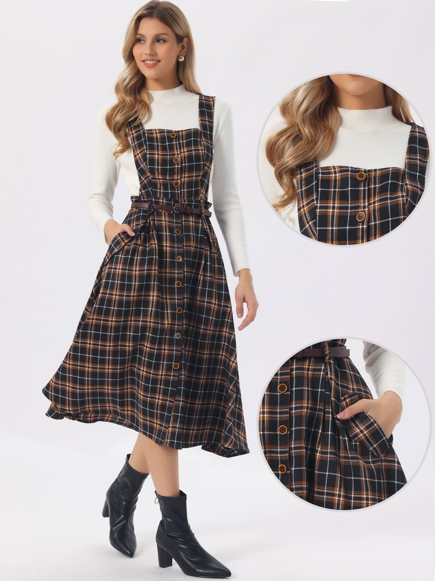 DARING DIVA Women's Plaid Vintage A Line Pinafore Dress Small Blue
