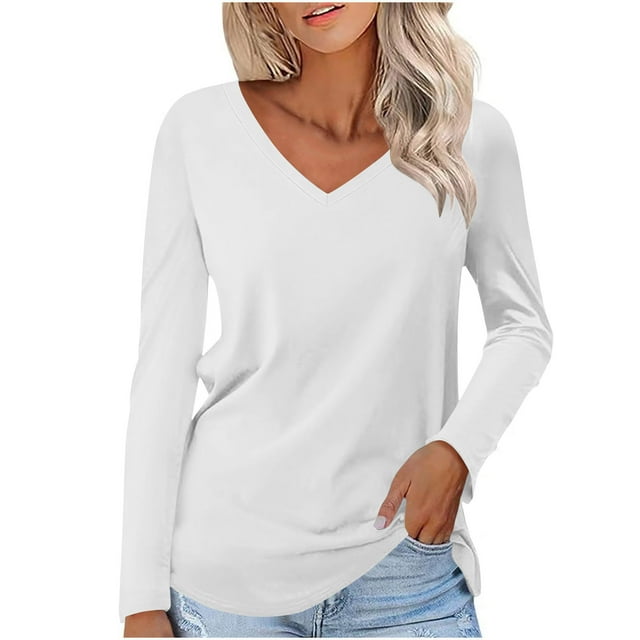Timegard Tops for Women V Neck Comfy Long Sleeve Tops Basic Tee Casual Solid Color Mid Long Blouse