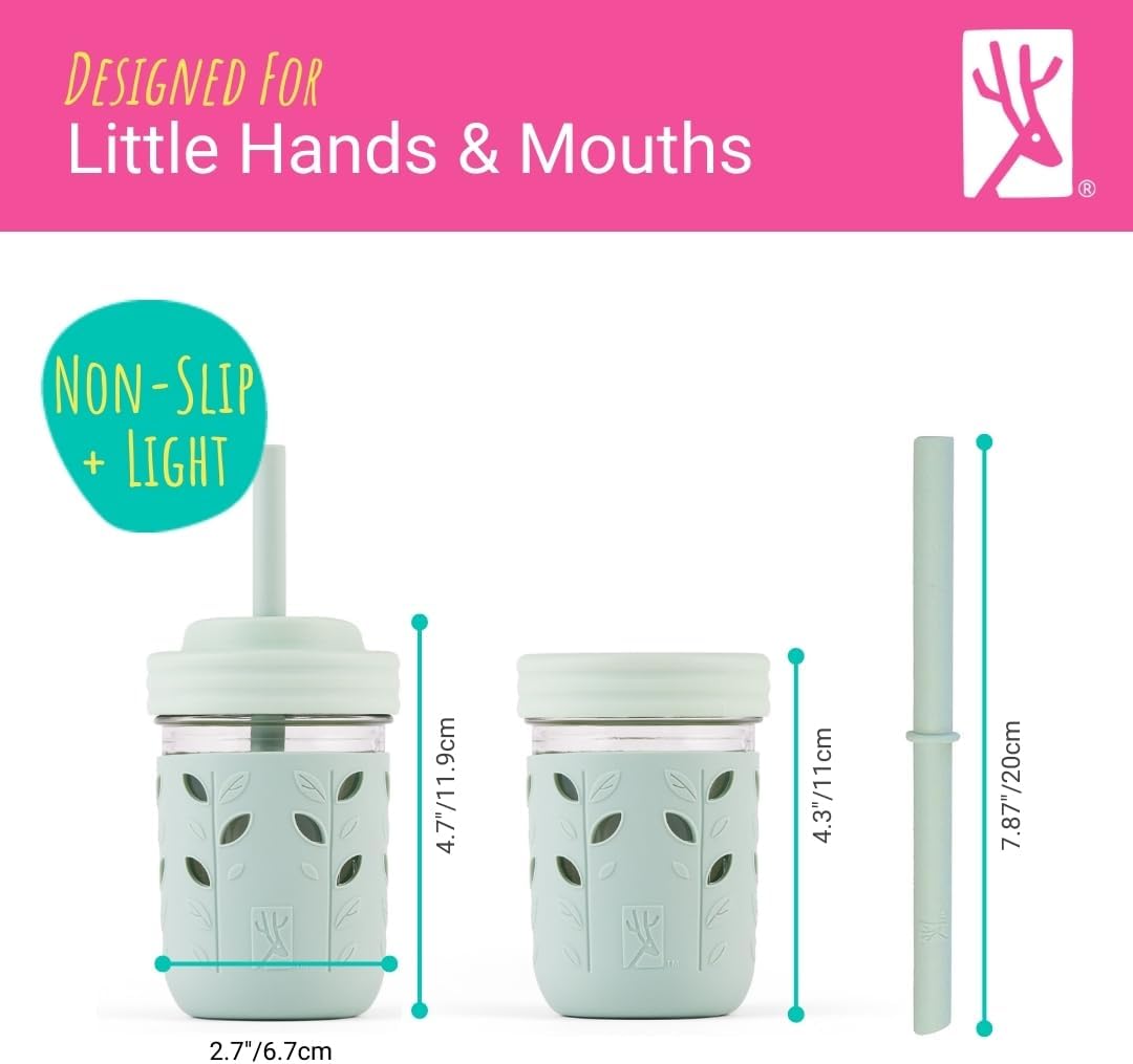 Kids + Toddler Glass Cups | The Original 8oz Glass Mason Jar with Sleeves + Lids | Silicone Straws + Stopper | Smoothie Cup | Food Storage | Spill Resistant | Dishwasher Safe | 4 Pack