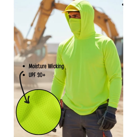 Long Sleeve Hooded Work Shirt with Built-In Face Mask – Hi-Vis Colors