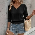 thumbnail image 5 of Women's Eyelet Tops Summer V Neck 3/4 Length Sleeve Shirts Fashion Smocked Waist Crop Plus Size Fall Fashion Trendy Casual Peplum Going Out Plain Tops for Women, 5 of 9