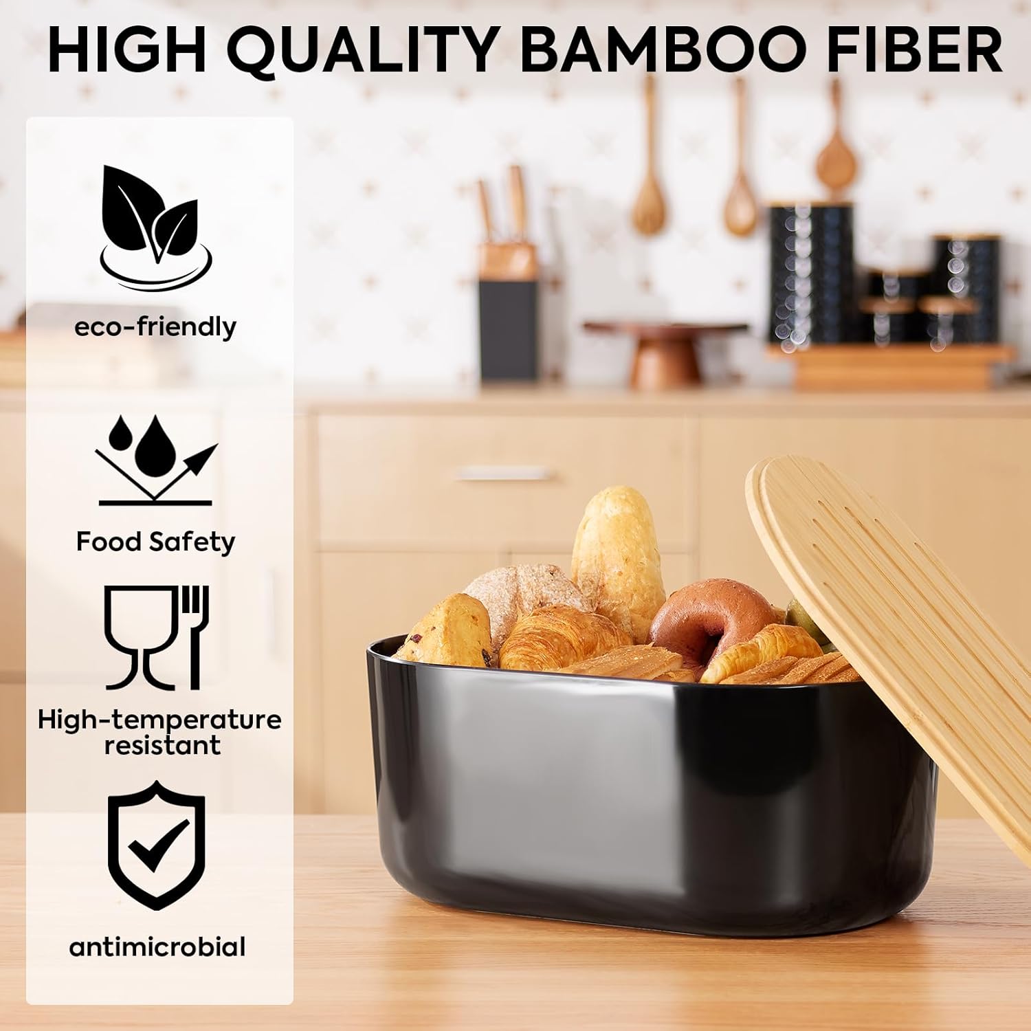Large Bread Box for Kitchen Countertop,Fiber Bread Box With Thick Cutting Board Lid-Includes,Black Bread Storage for Homemade Container,Corner Bread Holder for Toast Bagel Donut Cookies
