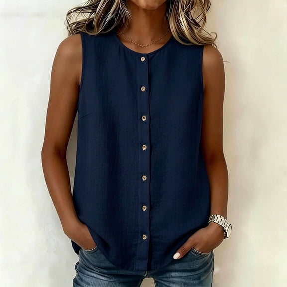 Craaazy Womens Sleeveless Tops Plus Size Loose Fit Solid Color Crew Neck Button Down Shirts for Summer Casual Wear and Business Work