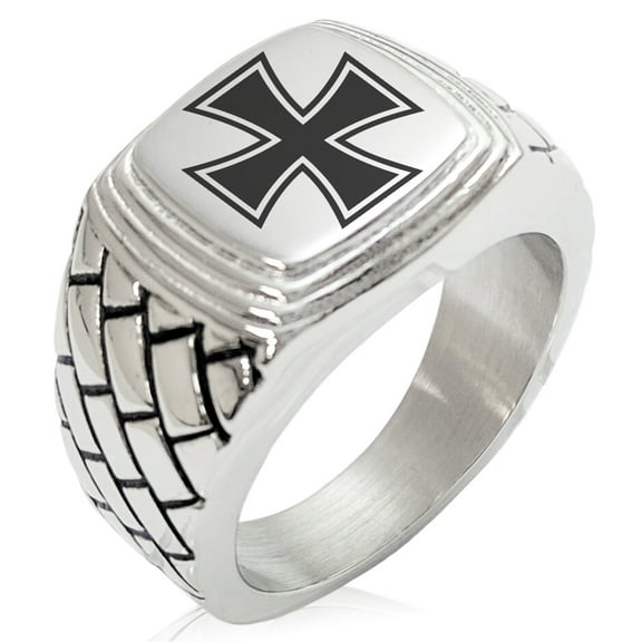 Stainless Steel Pattee Iron Cross Geometric Pattern Step-Down Biker Style Polished Ring