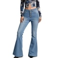 thumbnail image 2 of Oiangi Womens Plus Size Flare Jeans Casual Bell Bottom Denim Pants High Waist Stretchy Bootcut Jean Light Blue 4XL, 2 of 8
