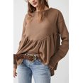 thumbnail image 1 of Women's Brown Solid Color Ribbed Long Sleeve Peplum Blouse, 1 of 5