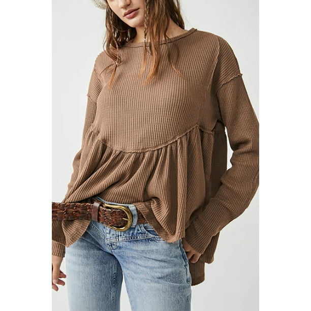 Women's Brown Solid Color Ribbed Long Sleeve Peplum Blouse 