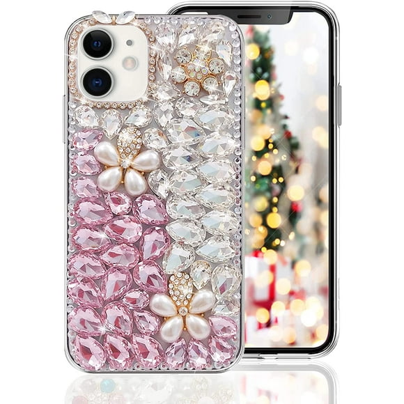 for iPhone 12 Mini Bling Diamond Case for Women Cute 3D Flower Rhinestone Crystal Shiny Sparkle Handmade Gemstone Protective Cover Luxury Fashion Glitter Case for iPhone 12 Mini 5.4 inch Pink