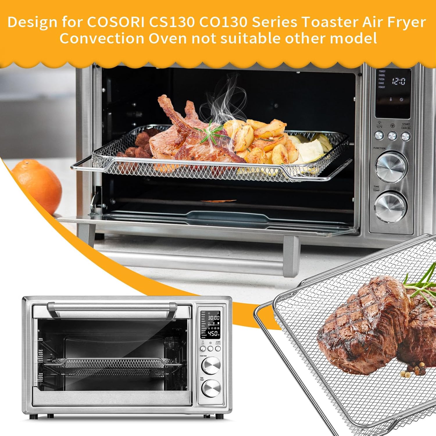 Air Fryer Basket Replacement for COSORI CO130-AO 12 in 1 CS130-CFH CS130-AO 13 in 1 32Qt Toaster Oven Combo, 14.17 * 11.81''Air Fryer Steel Basket Wire Rack Accessories Parts, Dishwasher Safe