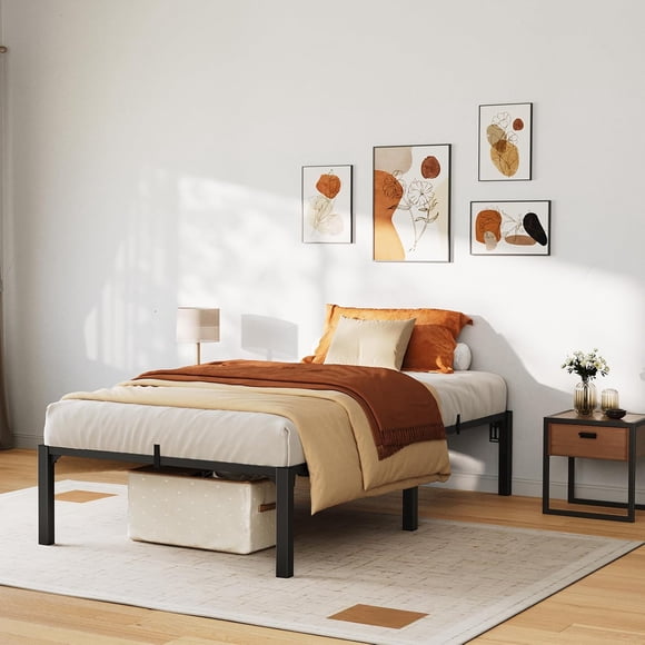16 Inch Twin Metal Bed Frame, Heavy Duty Metal Platform Bed Frame with Reinforced Slats Support, 800 Lbs Load Capacity, Noise Free, No Box Spring Needed and Screws , Tool-Free Assembly Bed Frame
