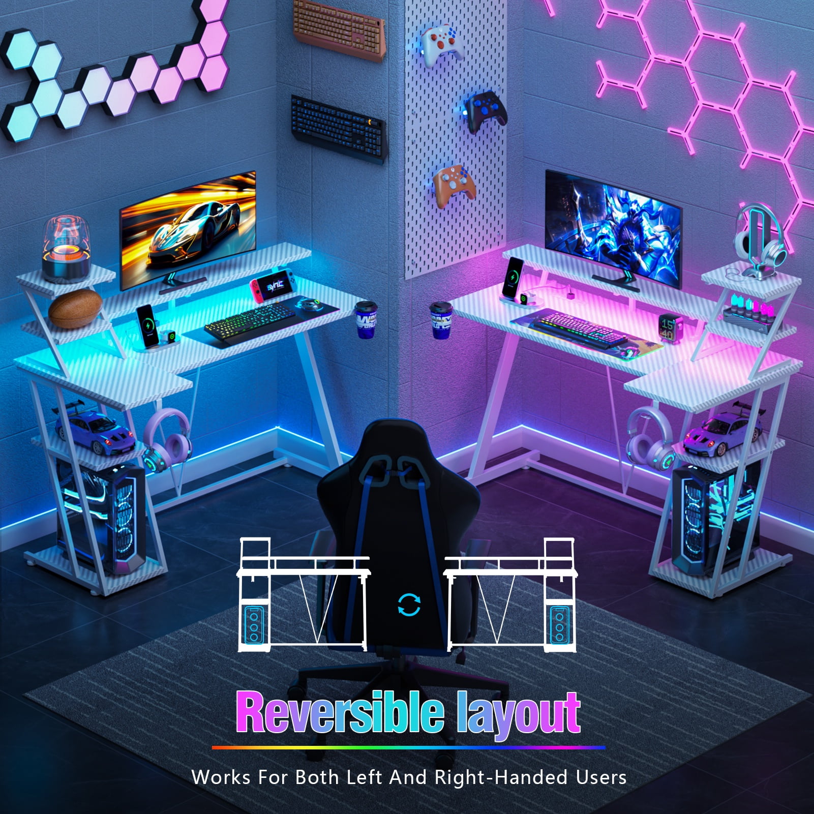 Satifur 47" Carbon Fiber Gaming Desk L-Shaped Computer Desk, RGB Lights & Power Outlets, White