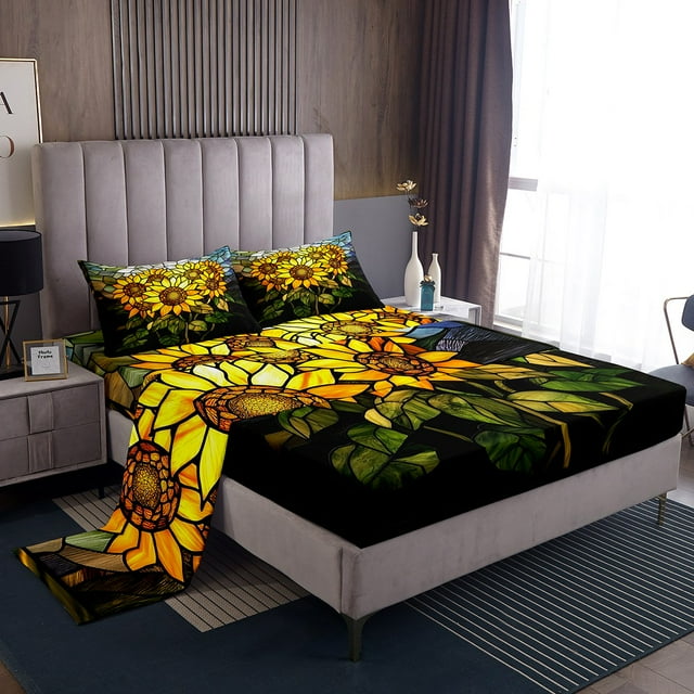 Sunflower Bed Sheet 4 Piece,Nature Garden Blooming Flowers Rustic Sheets Full Size Bed Set,Artistic Stained Glass Style Patchwork Bedding Set with Flat,Fitted Sheet,2 Pillow Cases