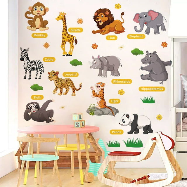 Adhesivos de pared con dibujos animados de animales de safari para niños, PVC, 30 x 90 cm
