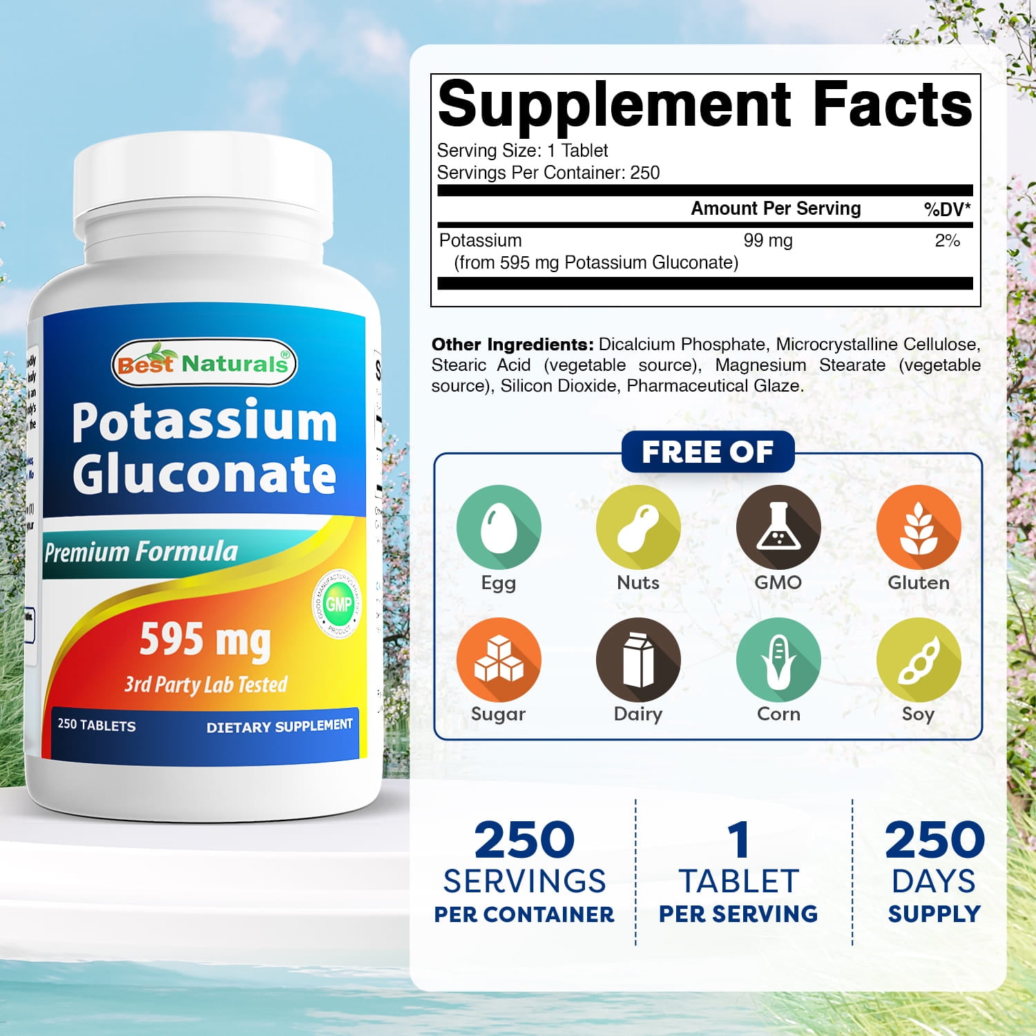 3 Pack Best Naturals Potassium Gluconate Supplement 595 mg 250 Tablets