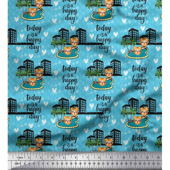 Soimoi Georgette Viscose Fabric Swimming Pool,Cartoon & Buildings Architectural Fabric Prints By Yard 42 Inch Wide