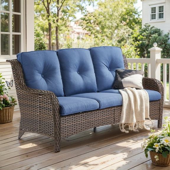 Gymojoy 3-Seat Patio Wicker Sofa Outdoor Rattan Sectional Couch Furniture Steel Frame with High Back,Deep Seat(Brown Wicker & Blue Cushion)