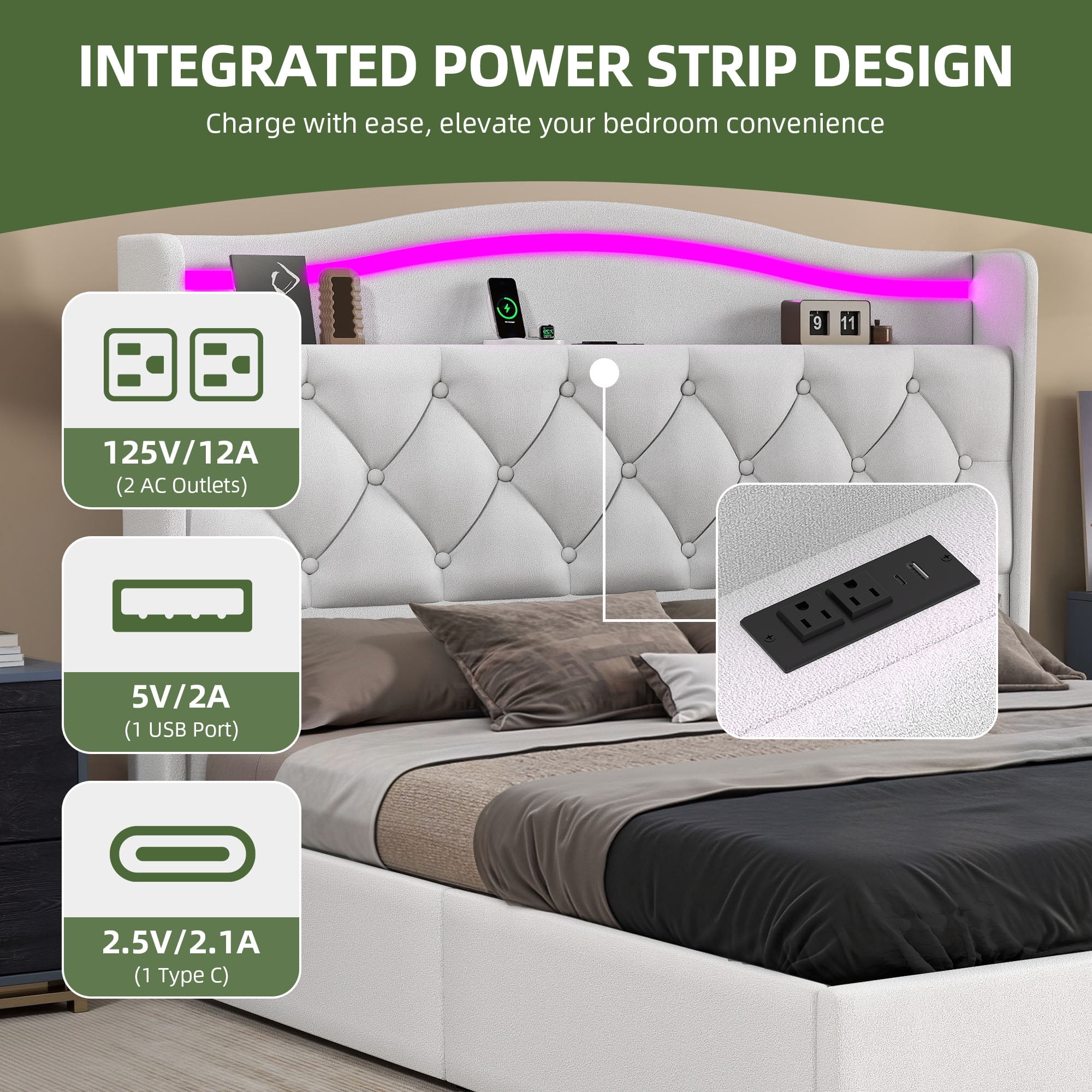 Uforic Queen Size Velvet Upholstered Bed Frame with RGB LED Ambient Light, Built-in Charging Station, No Box Spring Required, White