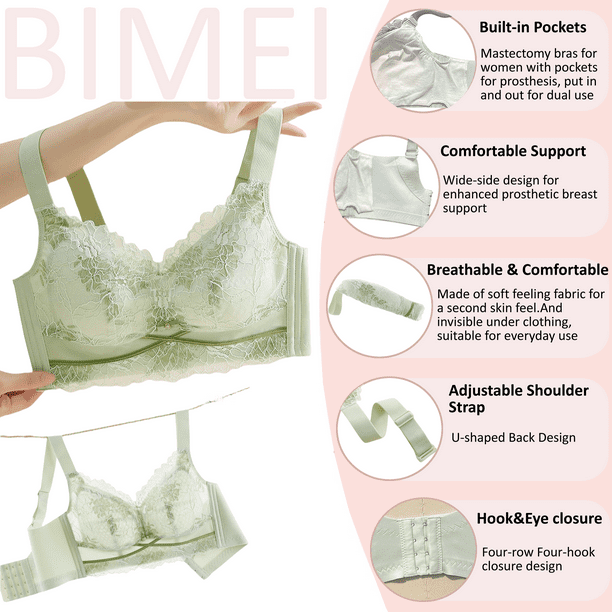BIMEI Women's Mastectomy Pockets Wireless Post-Surgery Plus Size Full  Coverage Everyday Bra 2428,Green,36D 