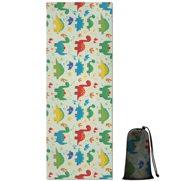 LightGreen Cartoon Dinosaurs Colorful Elements Pattern Hot Yoga Mat Towel Non Slip for Hot Yoga - Quick-Drying Yoga Mat Cover with 4 Corner Pockets with Travel Bag - Hot Yoga Towel Non Slip 70"x26"