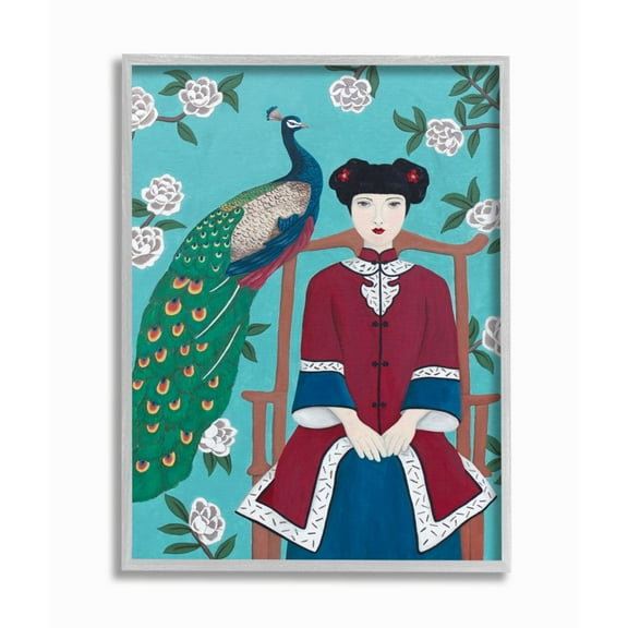 Stupell Industries Chinese Woman And Peacock Flower Pattern Blue Red Painting Gray Framed Art Print Wall Art, 16x20, by Sally B