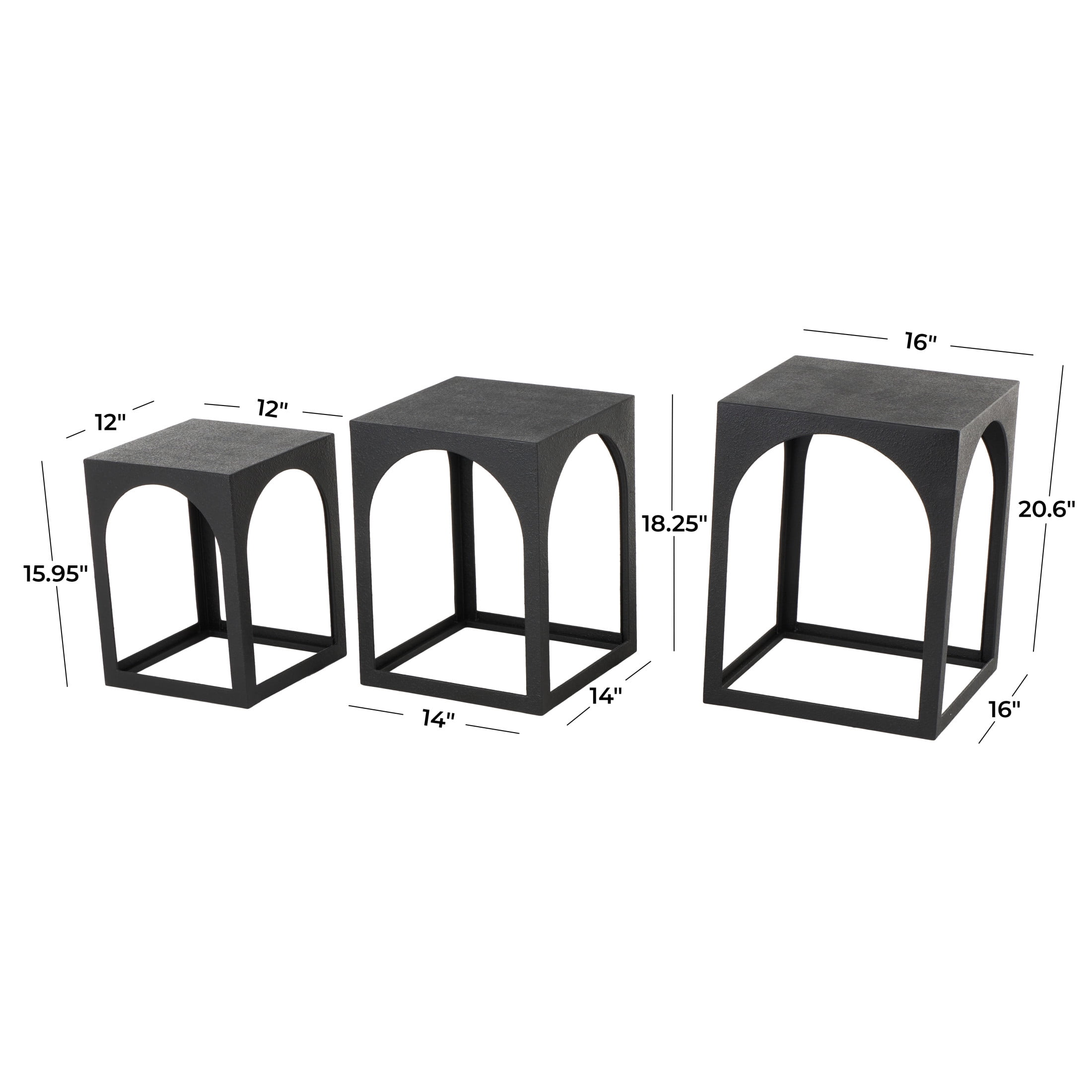 DecMode 16" x 21" Black Metal Nested Accent Table with Arched Cutouts, 3-Pieces