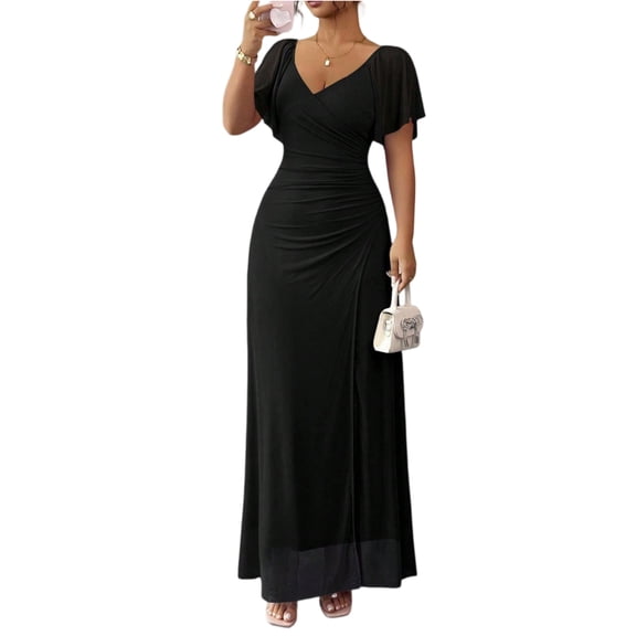 Laqbezok Evening Gown Dress, Women's V-Neck Mesh Flare Sleeve Formal Maxi, Elegant Ruched Bodycon Party Wedding Guest Dress with Split Hem