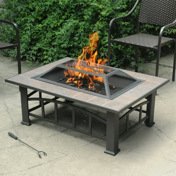 Aonn Rectangular Tile Top Fire Pit, Wood Burning Fire Pit Bowl