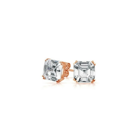 Asscher Stud Earrings Cubic Zirconia Solitaire AAA CZ Asscher Cut Stud Earrings For Women Rose Gold Plated 925 Sterling Silver More Sizes ()