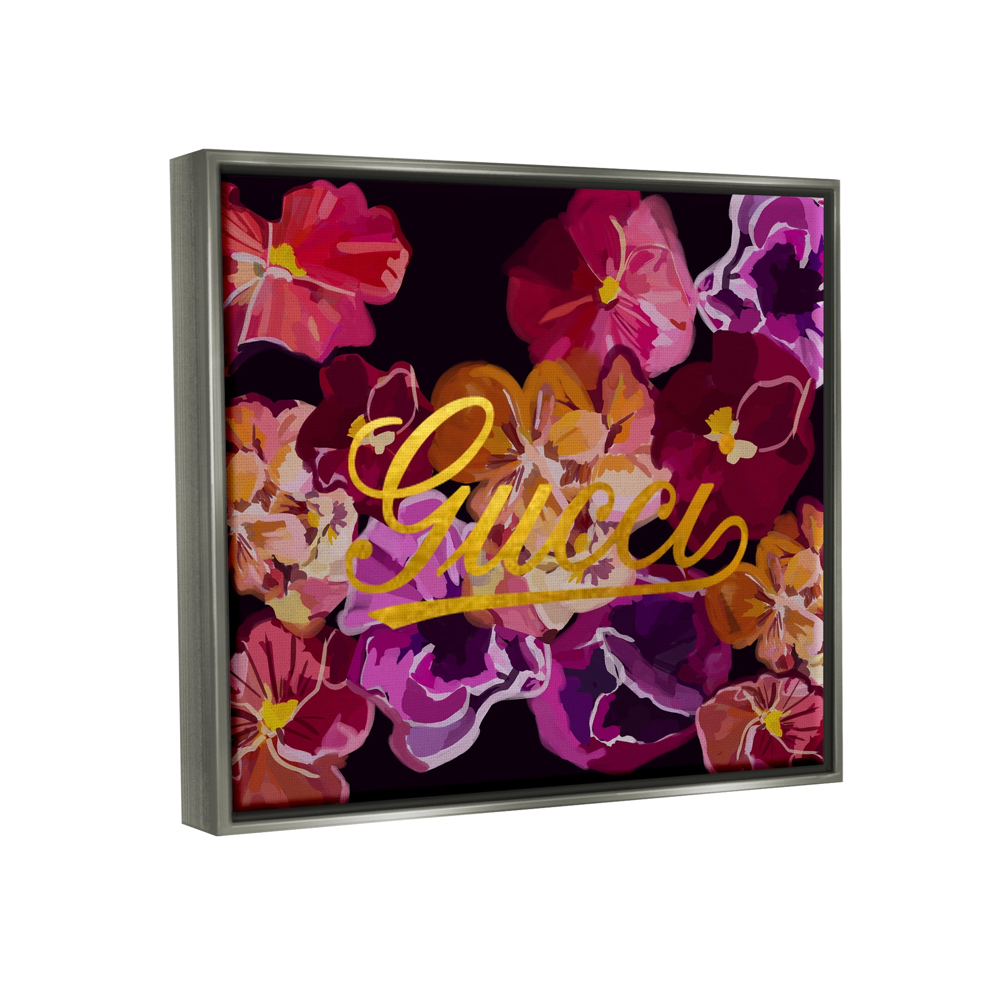 Stupell Industries Glam Brand Flower Pattern Botanical & Floral Painting Gray Floater Framed Canvas Art Print Wall Art, 21 x 17