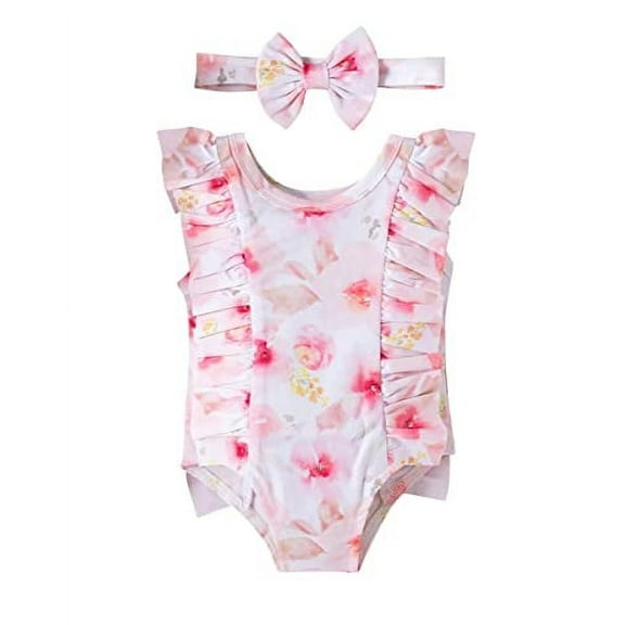 stylesilove Baby Toddler Girls Watercolor Floral Print Ruffled One-Piece Swimsuit & Headband Pink Bathing Suit Beach Swimwear (2-3 Years)
