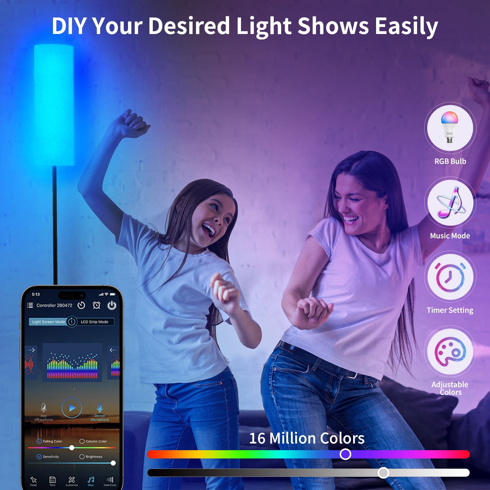 67" Floor Lamp with Smart RGB Bulb, with 16 Million DIY Colors & 20 Mode Music Sync, Timer Setting APP or Remote Control, 9W 800 Lumen Standing Lamp for Living Room Bedroom, Beige