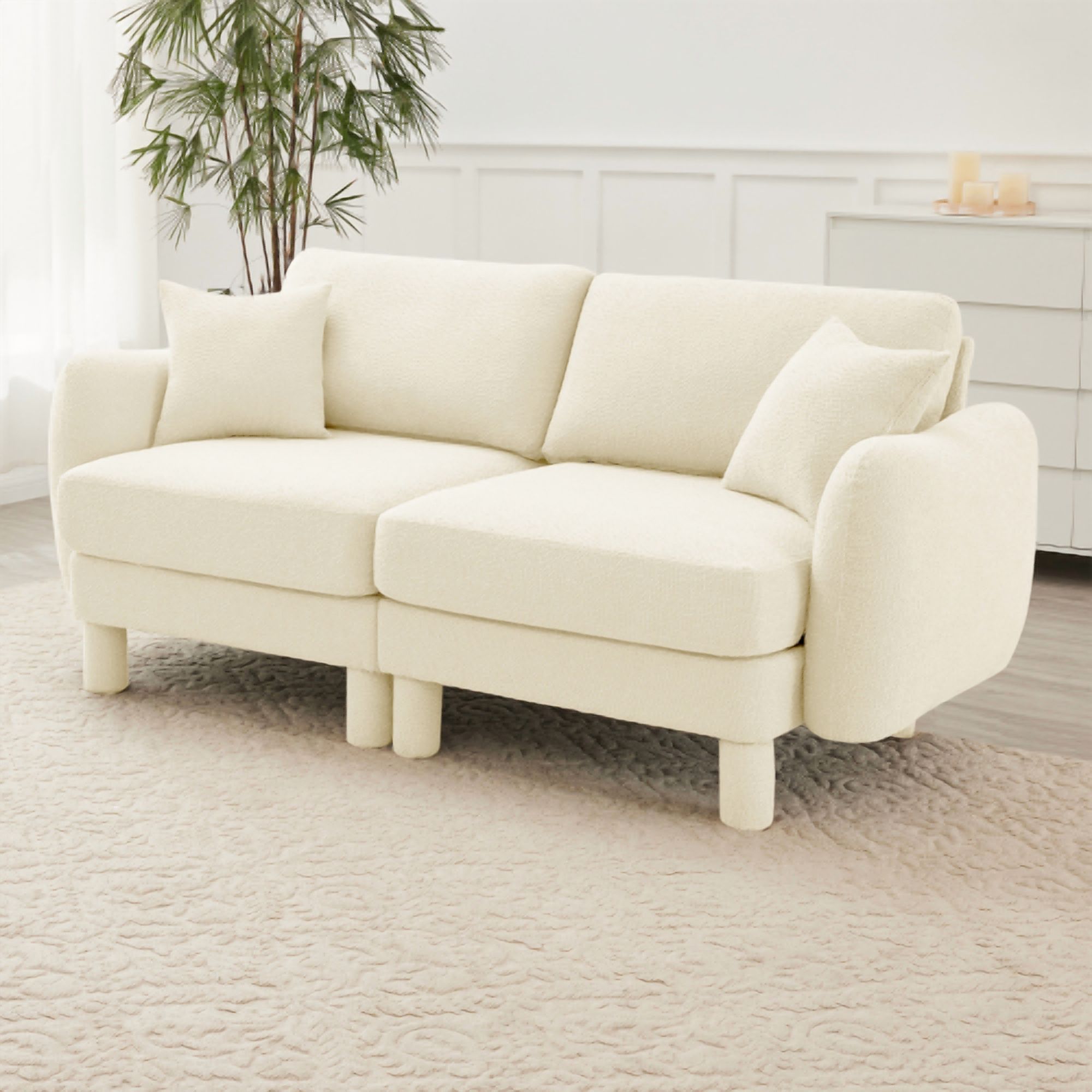 BSHTI Fabric Double Sofa Couch, Safe Comfortable Shell Shaped Armrests and Cylindrical Legs Loveseat for Livingroom,Beige Color