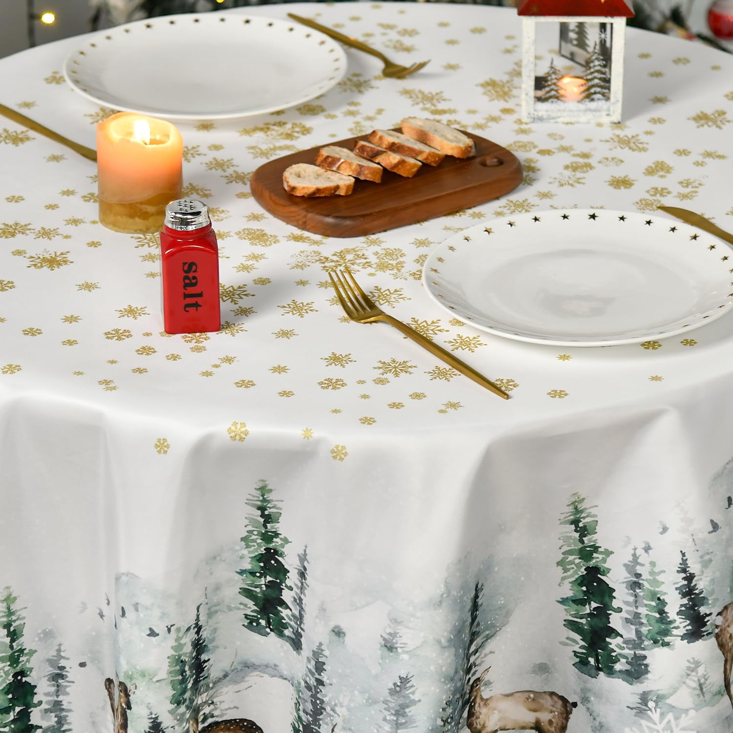 Sm:)e Winter Table Cloth with Deer 60 Inch Round