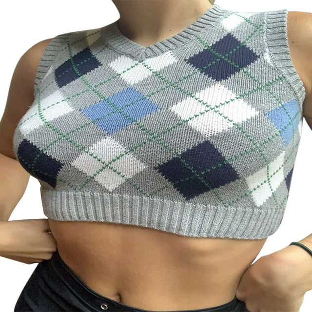 EIMELI Women‘s V Neck Sleeveless Argyle Sweater Knitted Vest Slim Fit Ribbed Tank Crop Top Spring Fall Winter Kitwear