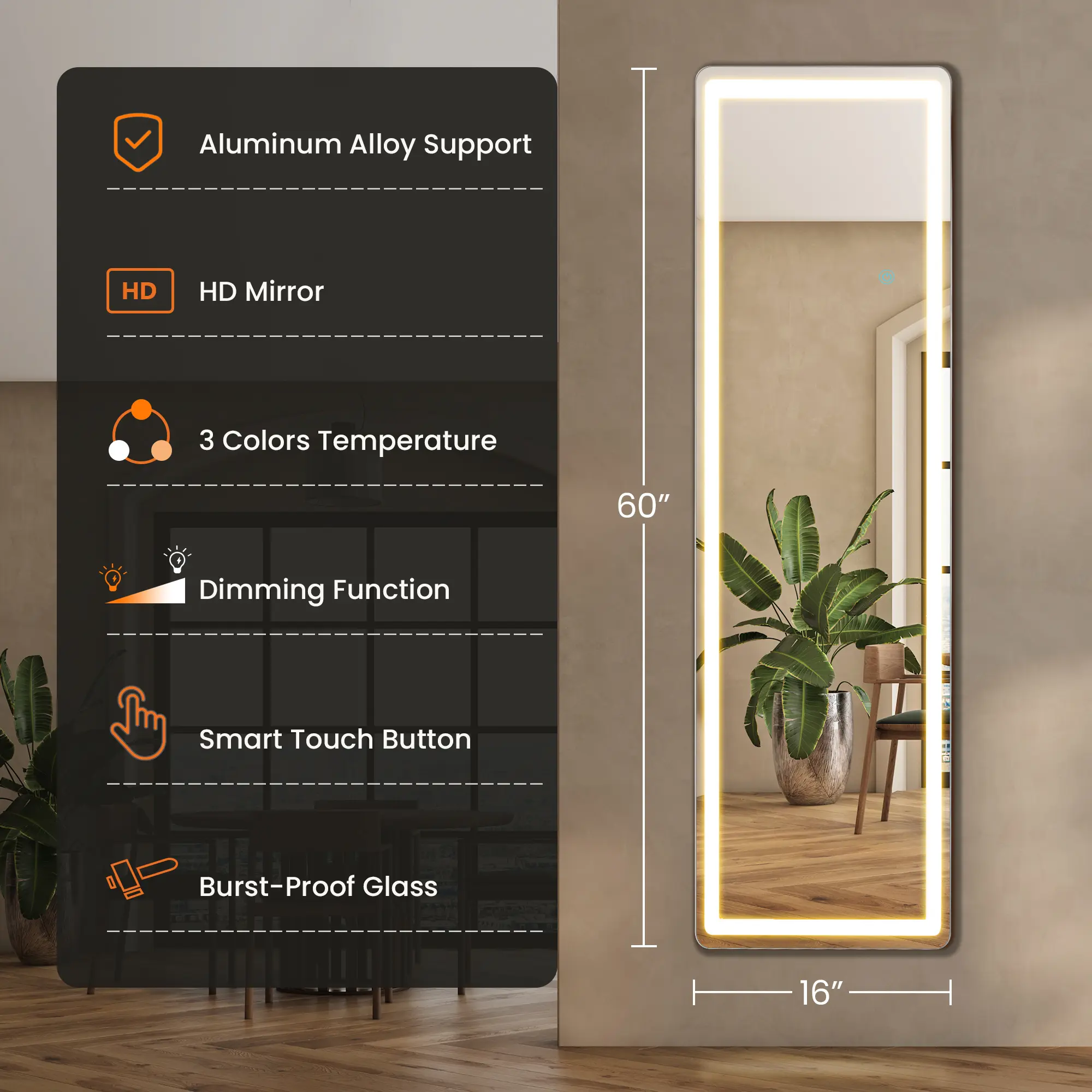 Aukfa 60" x 16" LED Full Length Mirror, Wall Mounted Floor Standing with Touch Control & 3-Color Dimmable Lights