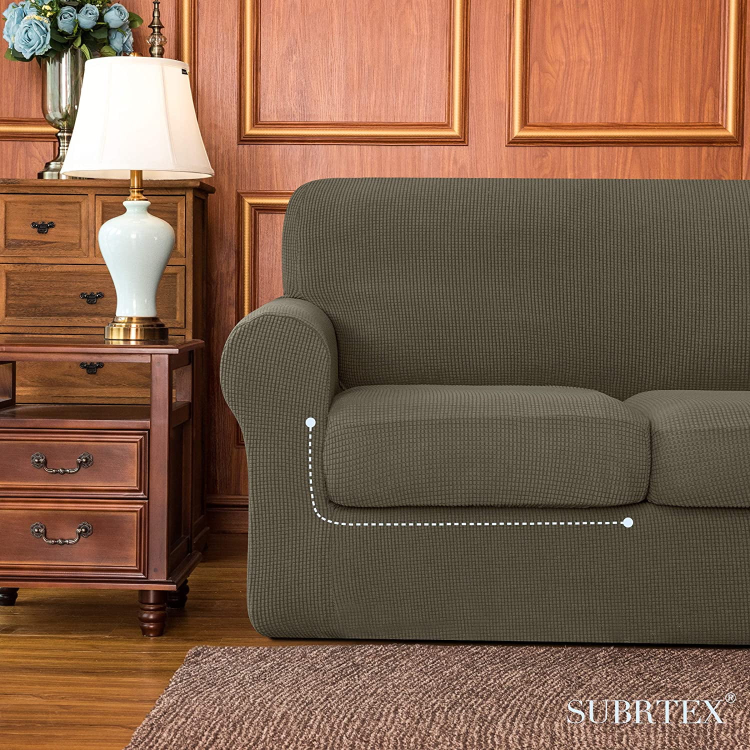 Subrtex 3-Piece High Spandex Textured Grid Sofa Slipcover, Separate Cushion Cover (Olive Green, Loveseat)