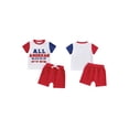 thumbnail image 3 of Aojekbee Toddler Boys 4th of July Shorts Sets Short Sleeve Letter Embroidery Tops Solid Color Shorts Sets, 3 of 10