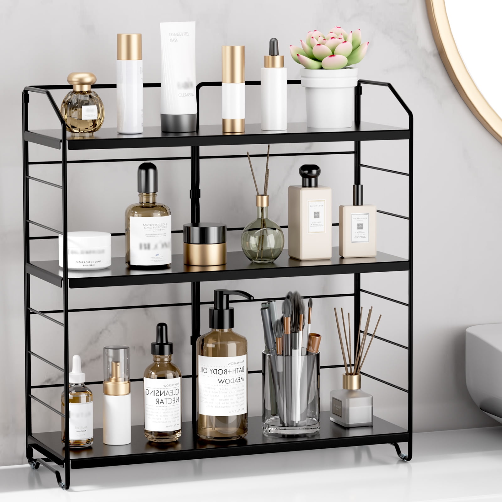 BOIVSHI Bathroom Countertop Organizer 3 Tier Adjustable Spice Rack Counter Organization and Storage for Kitchen Bedroom Offices,Black