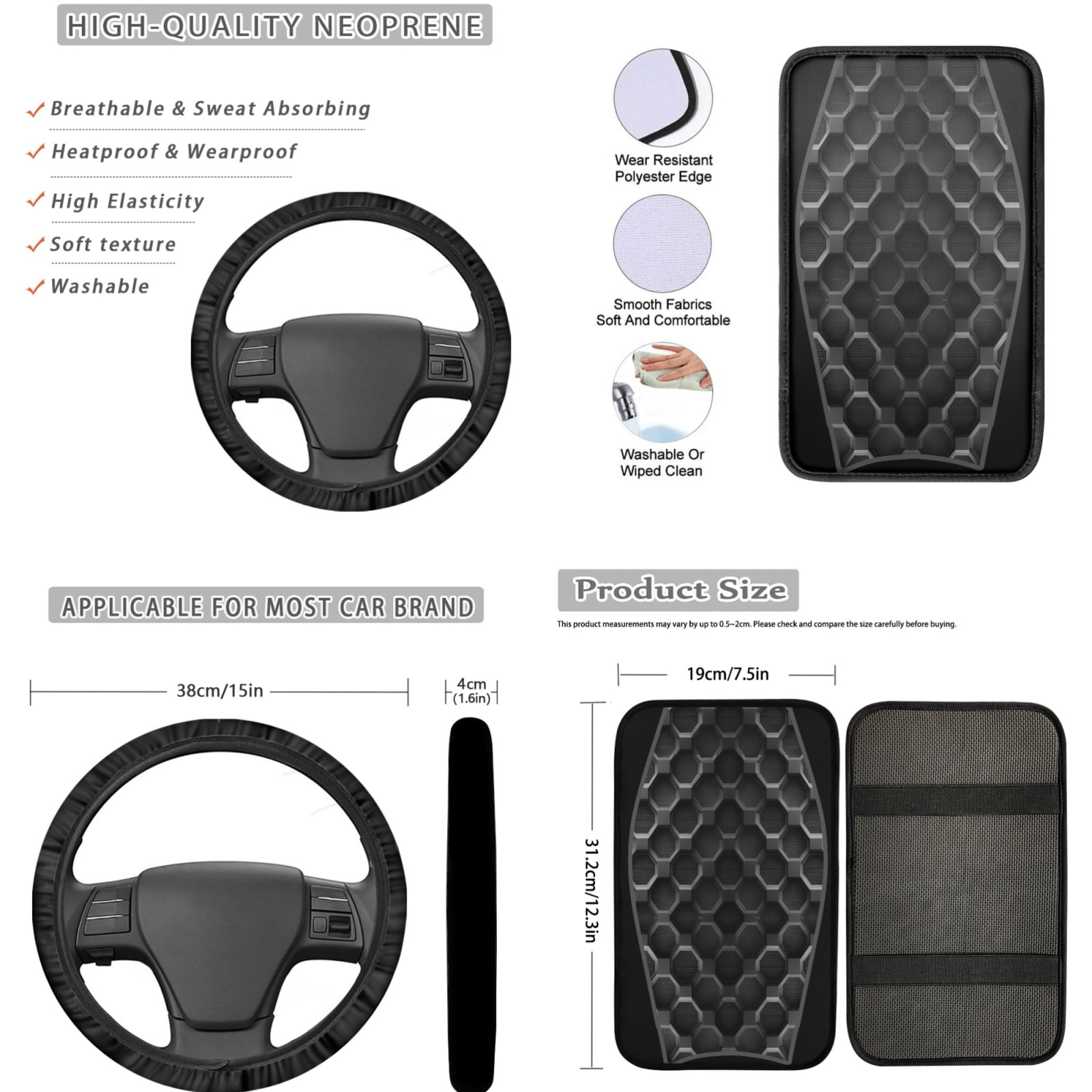Jeiento Black Car Front Back Seat Covers Full Set of 17 with Car Floor Mats Auto Steering Wheel Cover Seatbelt Pads Car Armrest Cover Cup Coasters Keychains Lipstick Holder Universal Fit
