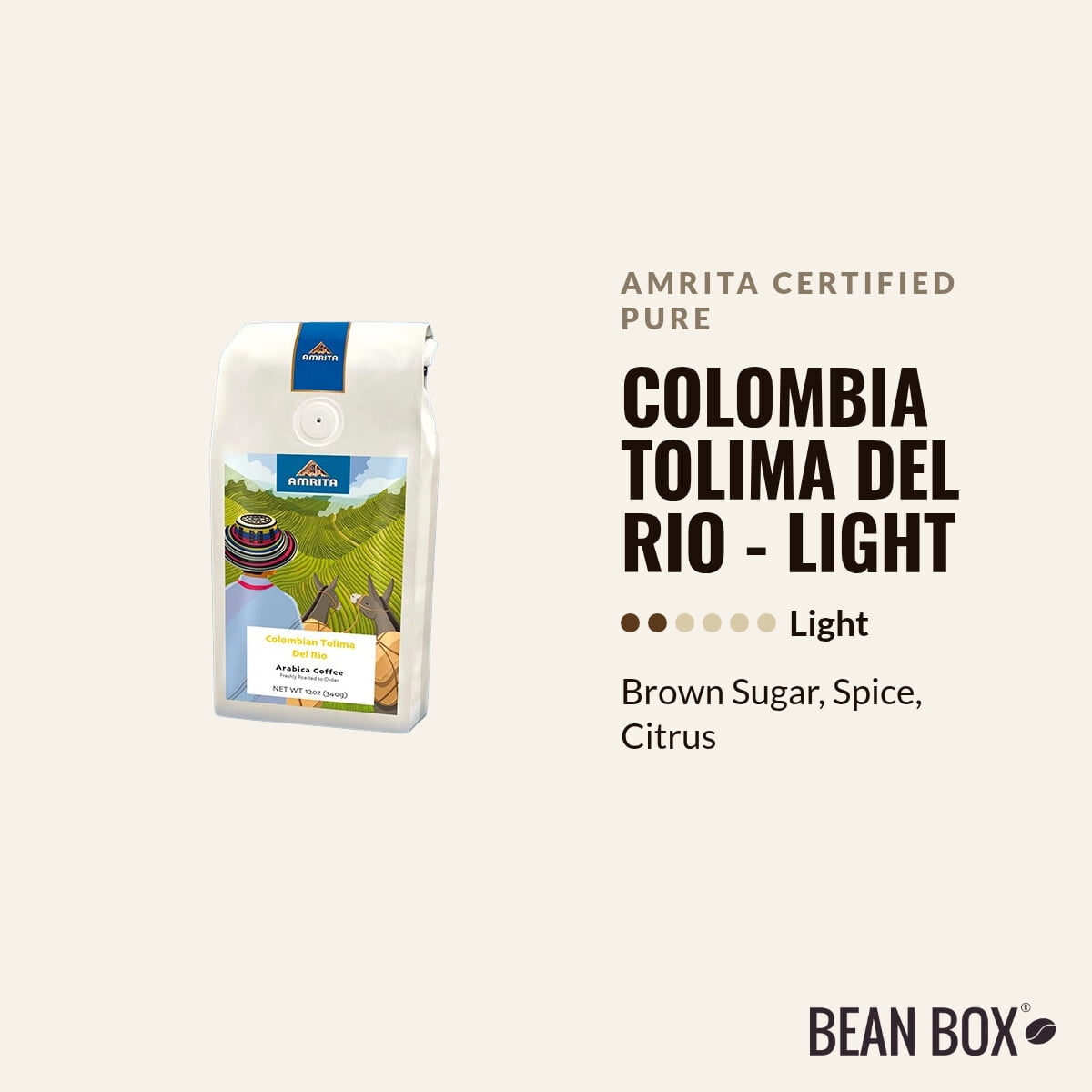 Colombia Tolima Del Rio - Light - Roasted by Amrita Certified Pure - Whole Bean Coffee - 2lb Bag