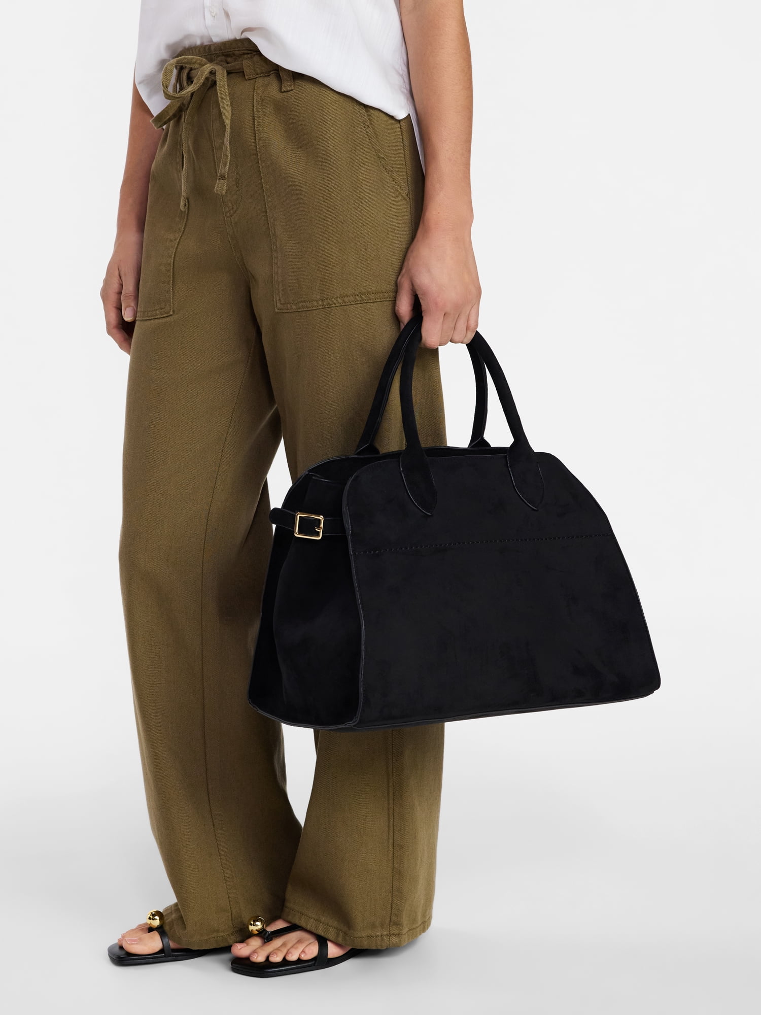 Time and Tru Women's Sage Satchel Soft Faux Suede Tote Bag, Black