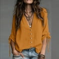 thumbnail image 2 of Horkkom Button Down Shirts for Women Long Sleeve V Neck Linen Shirts Trendy Solid Color Loose Casual Tops M, 2 of 7