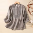 thumbnail image 2 of Xihbxyly 3/4 Sleeve Tshirts Shirts for Women Plus Size Women's Cotton Linen Button Short Sleeve Shirts Summer Loose Crew Neck Casual Boho Top Vintage Embroidered Blouse Tops, 2 of 6
