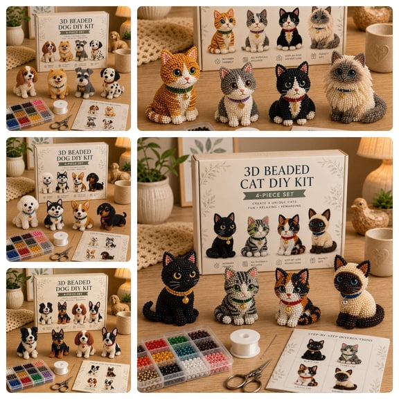 3D Beaded Pet DIY Kit – Cat Dog Beading Craft Set, Beginner Friendly, Make 2 Animal Figures, Handmade Gift for Pet Lovers, Relaxing Craft A