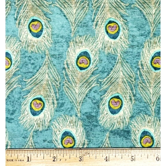 1 Fat Quarter - Peacock Feathers on Turquoise Cotton Fabric - 21" X 18"